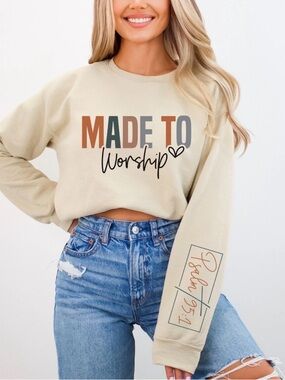 Made to Worship Graphic Crewneck Sweatshirt - Beige Women's Top XXL